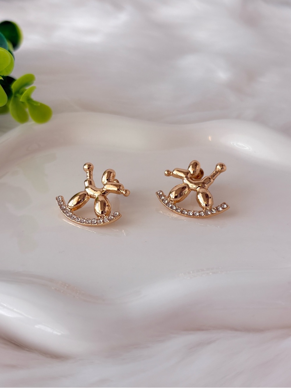 Gold Balloon Dog Rocker Rhinestone Stud Earrings